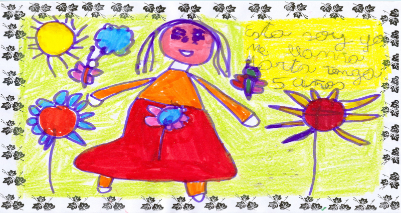 Presentación de una niña dibujándose a sí misma, con su nombre y edad, para la portada de su libro de vida.