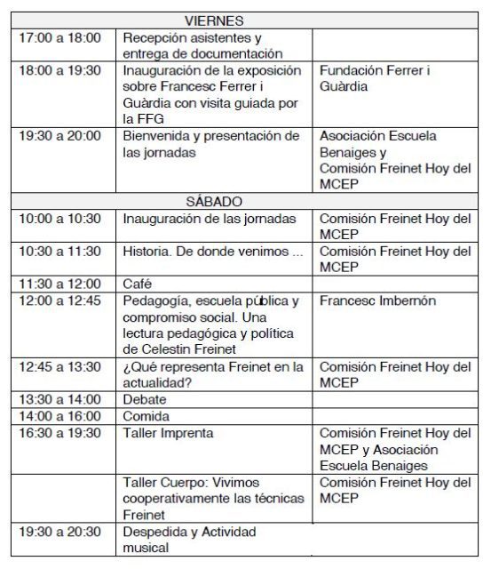 Jornadas Freinet Hoy. Mayo 2026. Bañuelos. Horario